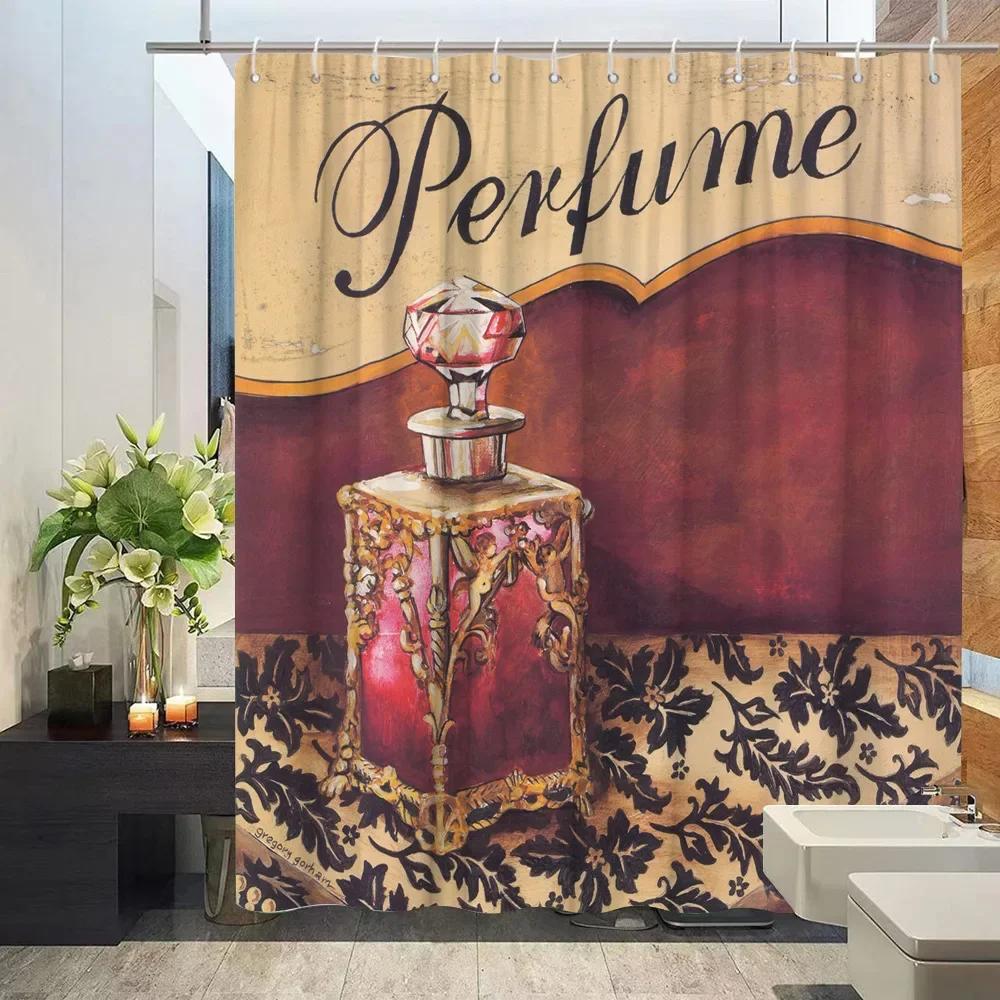 Cosmetic Perfume and Floral Shower Curtain and Rug Bathroom Set Flowers Heels Lipstick Home Cloth Hanging Curtain Bathroom Decor