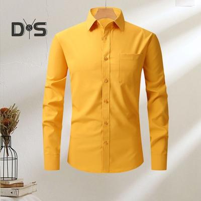 Cămașă rochie de primăvară toamnă pentru bărbați Guler răsturnat Slim Fit, elastic, cu un singur piept, mâneci lungi, culoare pură, lungime mijlocie, formală, eveniment de afaceri, top pentru birou
