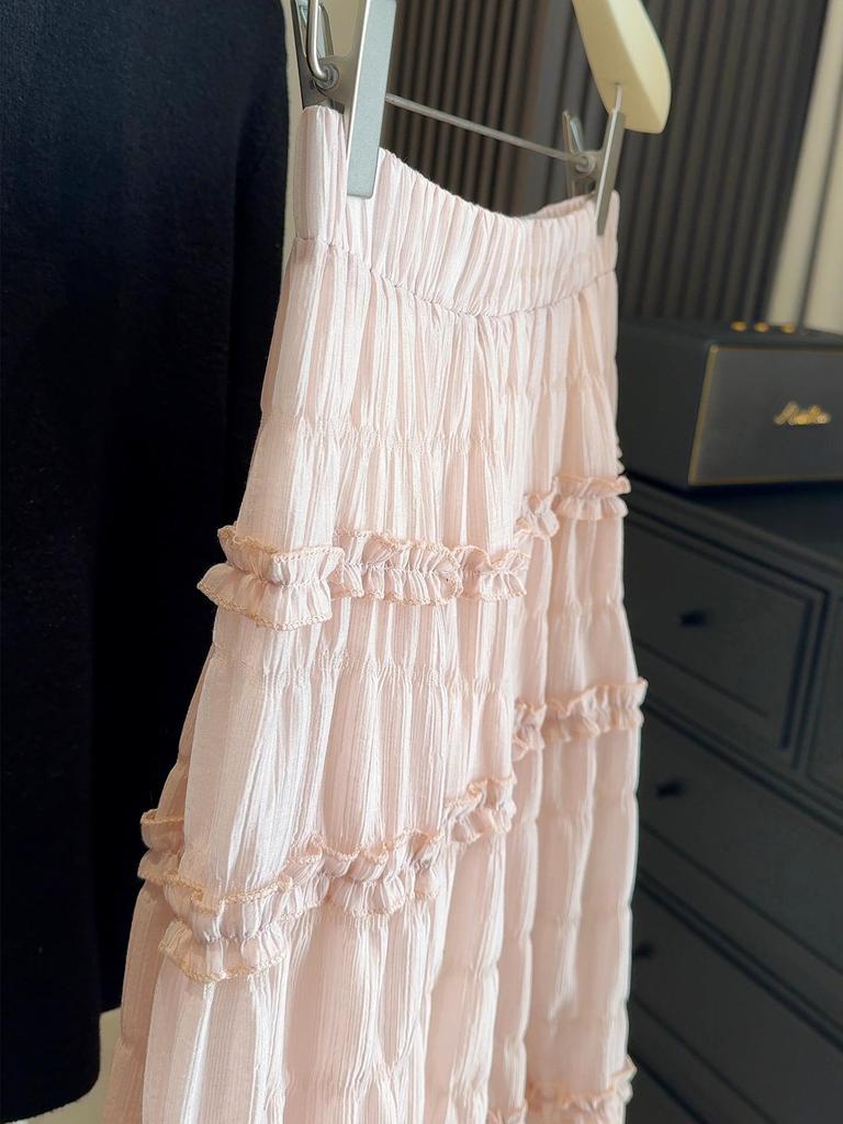 Textured Wood Ear Trim Pink A-Line Skirt: Women's Versatile High-Waist Autumn/Winter Fairy Skirt