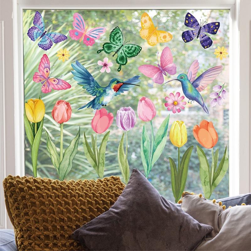 8pcs/set Window Cling Sticker Tulip Butterfly Flower Window Decal for Home Party Supplies Shop Window Glass Display Decor