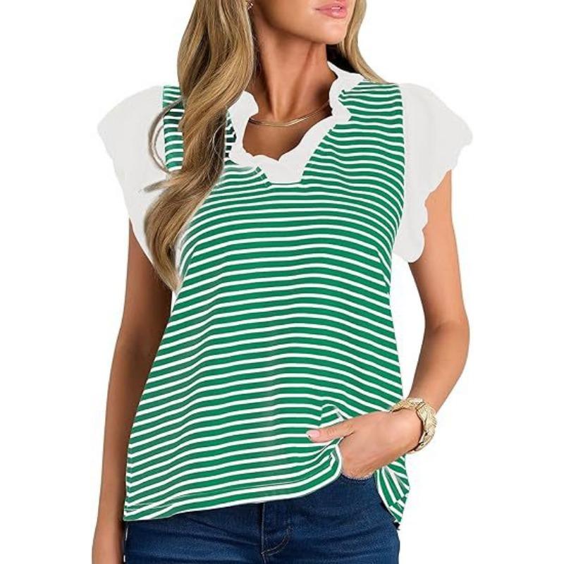 YYFS Women's Fashion Casual Summer Spring Stripe Print Short Sleeve V-Neck Blouses & Shirts