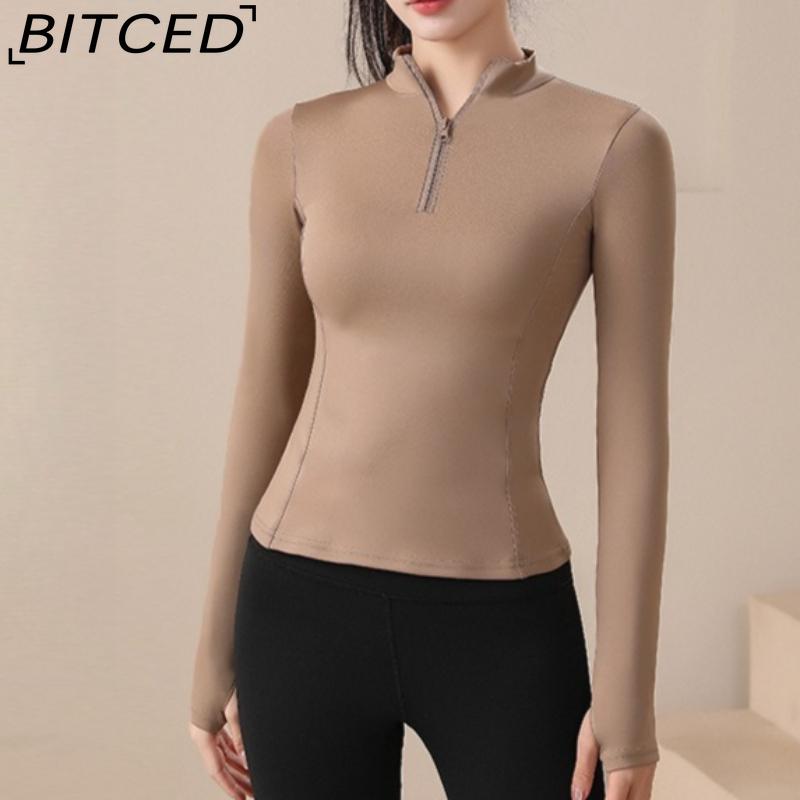 

BITCED Half-Zip Fitness Top for Women Long-Sleeved Professional Running Sports Top Yoga T-Shirt Tight-Fitting Training Wear Plus Size XXXL какао