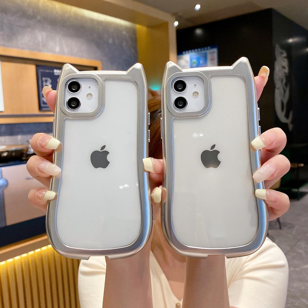 Apple 16pro Electroplated Silver Frame Cat Ear 15promax Full Inclusive Mobile Phone Case 14 Protective Case