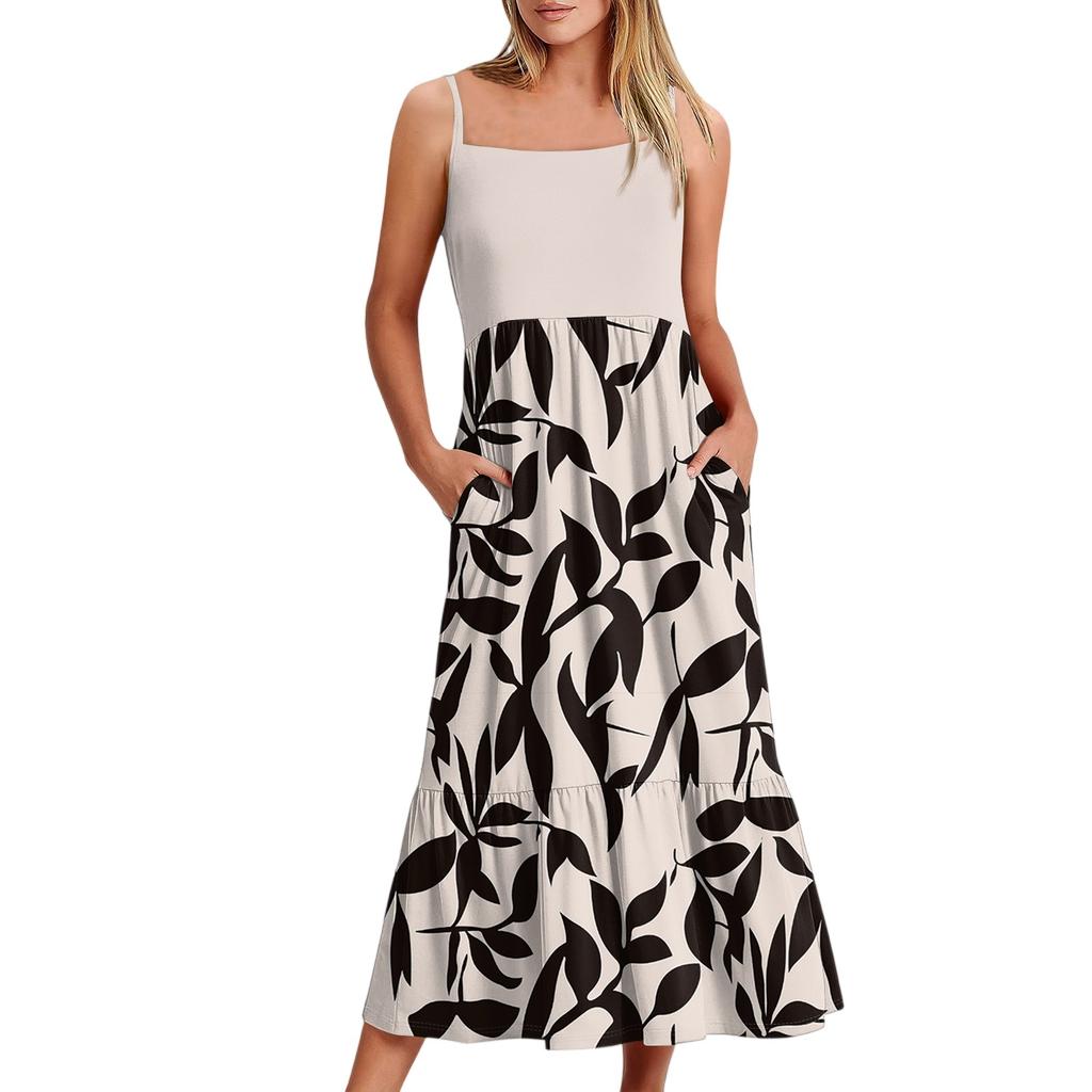 Damen Long Beach Casual Elegant Spaghettiträger Maxikleid Floral Low-Key Fließendes Bohemian Kleid