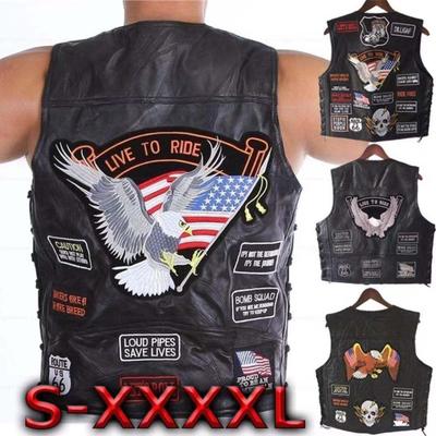 Men's European and American Motorcycle Leather Vest with Embroidered Badges