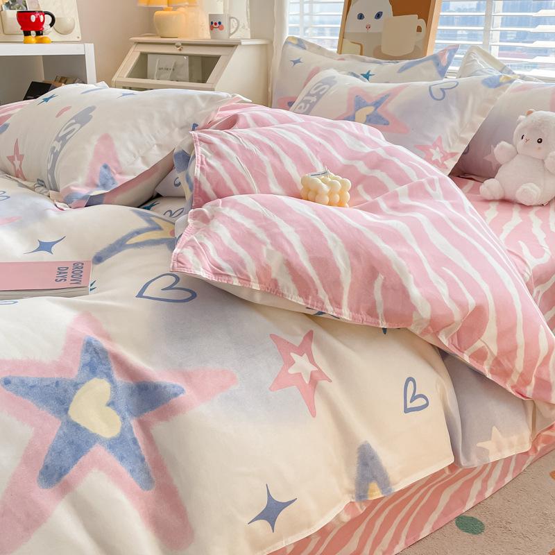 Washed Cotton 4Pcs Set, Spring And Autumn 1.8M Bed Sheet Double Quilt Set 3Pcs Home Textile