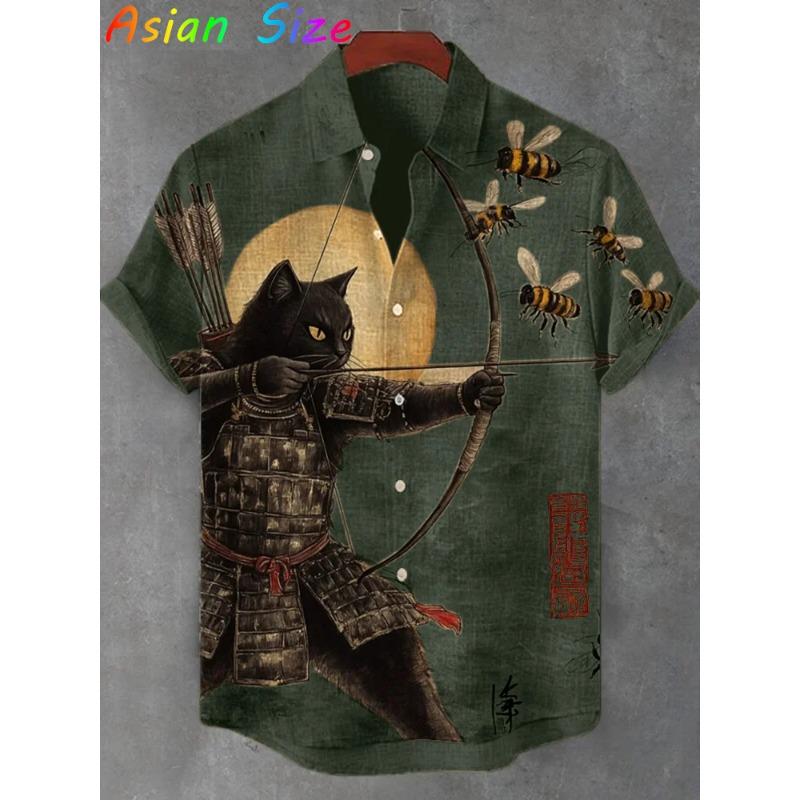 Vintage Japanese Cat Archery Shirts Daily Men Women Street Polyester Retro Shirt Short Sleeve Loose Button Up Blouses Tops