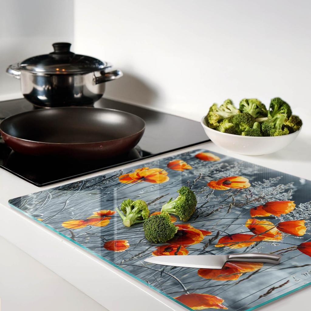 Multifunctional Decorative Glass Kitchen Board Poppy Field 60x52 cm