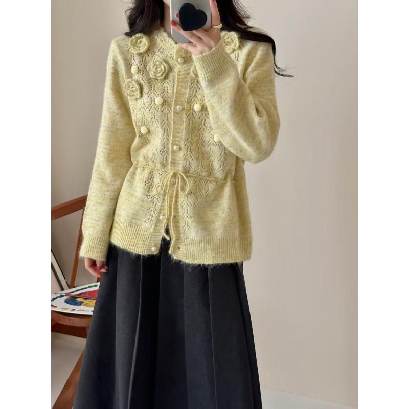 Heavy industry three-dimensional flower knitted cardigan autumn and winter new crochet hollow waist thin sweater jacket top