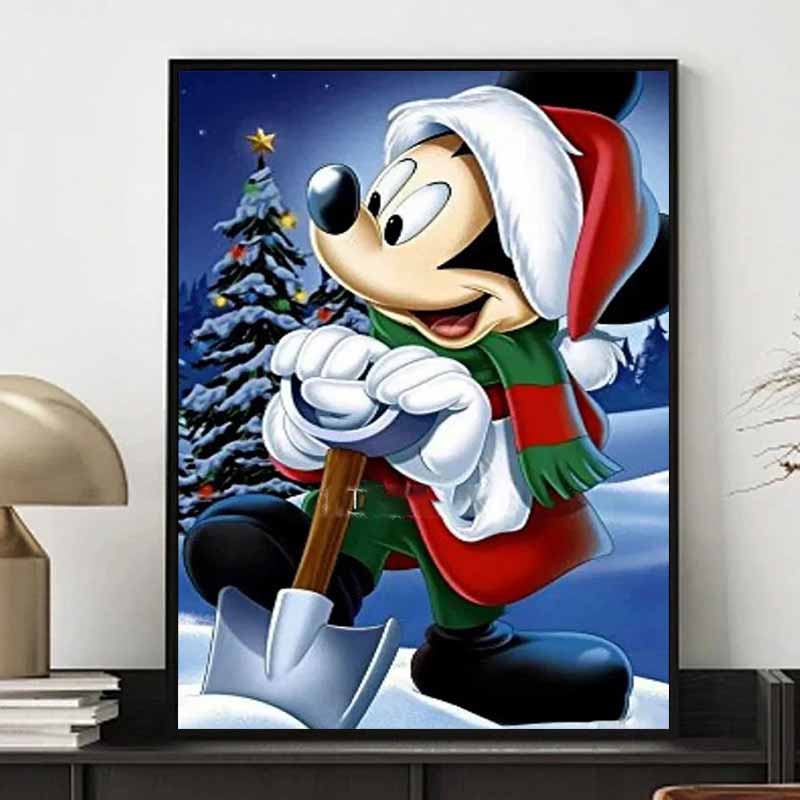 Disney Diamond Painting Mickey Mouse Christmas Snow Shoveling Healing Illustration, 5D Diamond Painting Art Embroidery Cross Stitch Room Decoration