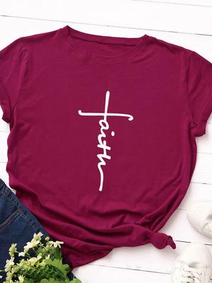 Faith Letter Print Damen T-Shirt Kurzarm O-Ausschnitt Lose Damen T-Shirt Damen T-Shirt Tops Kleidung Camisetas Mujer