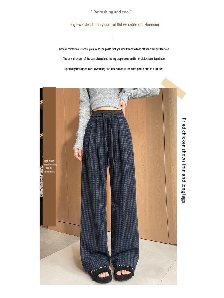 Women's Autumn 2025 Blue Plaid High-Waist Wide-Leg Pants with Drawstring - Retro, Slimming, Casual Style