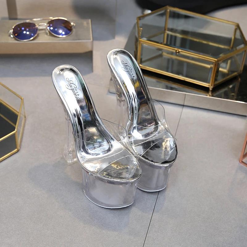 Fashion Women Slippers Summer 2024 Sexy Crystal Slipper Heels 17cm Transparent Sandals Cool Slippers Big Yards Female's Wedding Shoe