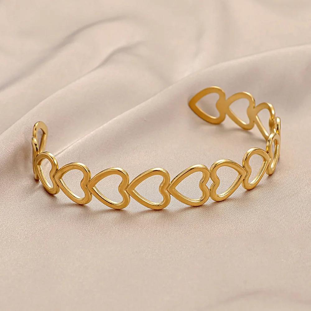 316L Stainless Steel Fashion Love Heart Bangles For Women Gold Color Silver Color Vintage Adjustable Cuff Bracelet Jewelry Gift