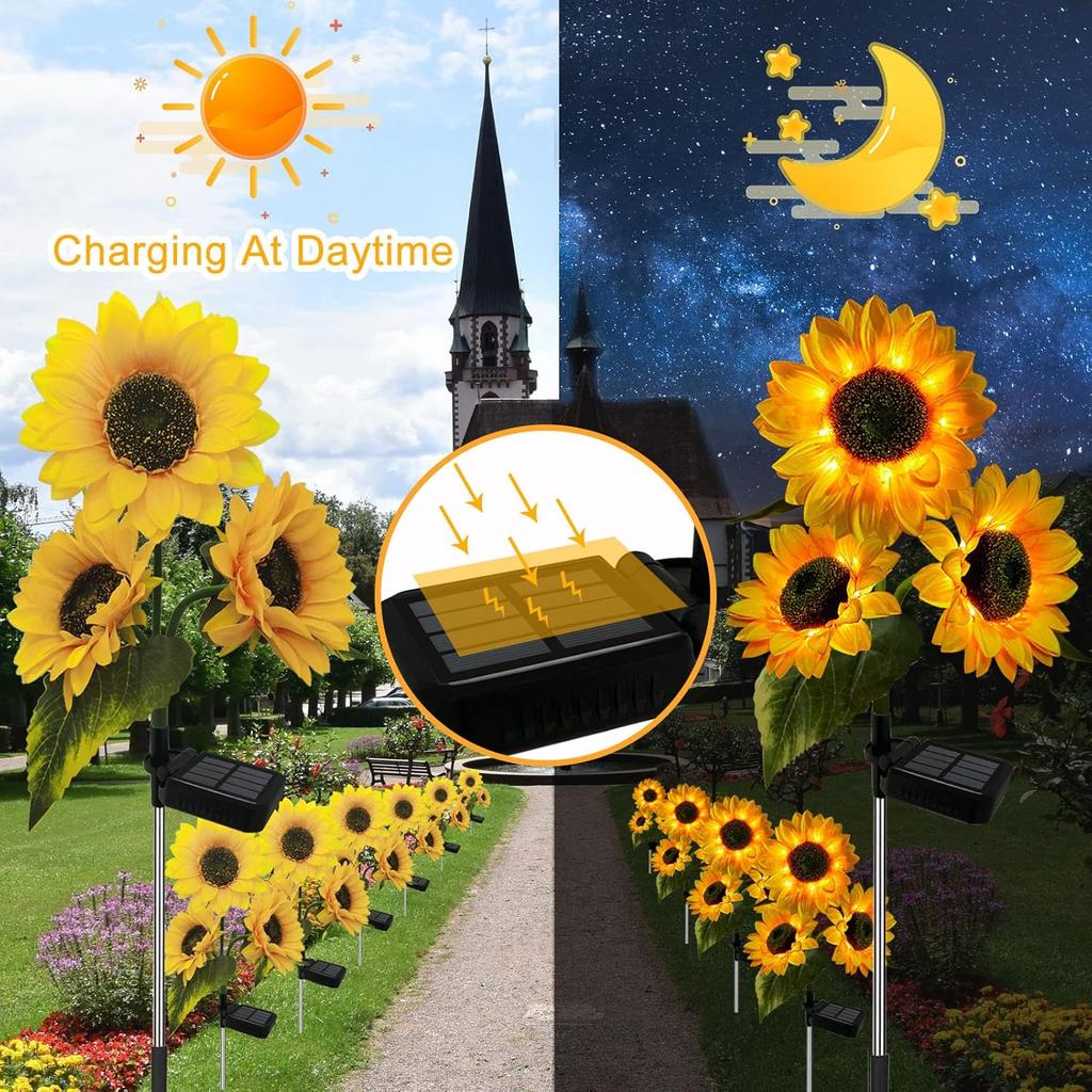 2 Pack Sunflower Solar Lights Outdoor Decor with 3 LED Sunflower Yellow Flower Lights Decorative Waterproof for Patio Lawn Garden Yard Pathway