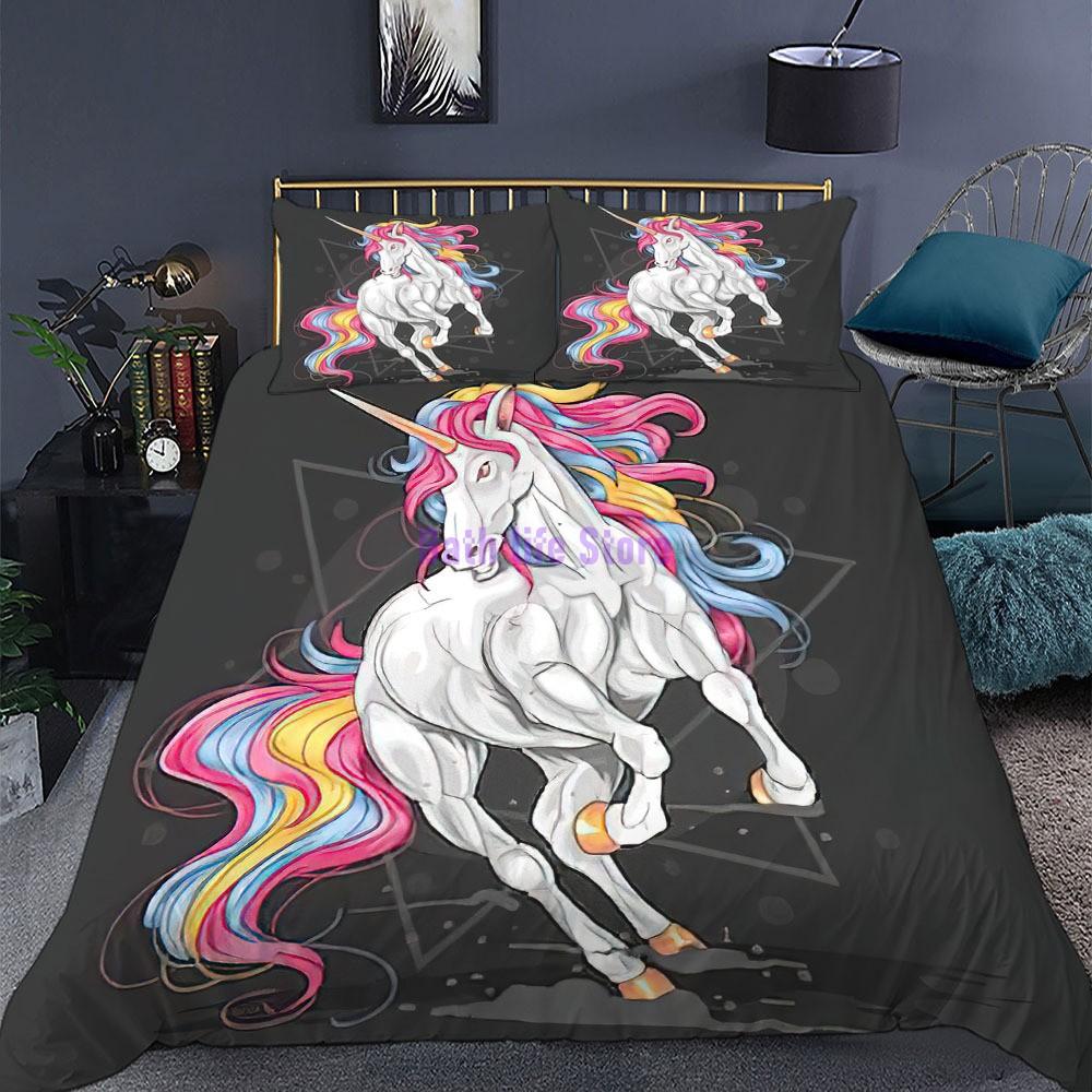 Cartoon Unicorn Lucky Kids Girls Pink Bedding Set Cartoon Duvet Cover Bedcllothes Animal Printed Queen King Size Bed Linens
