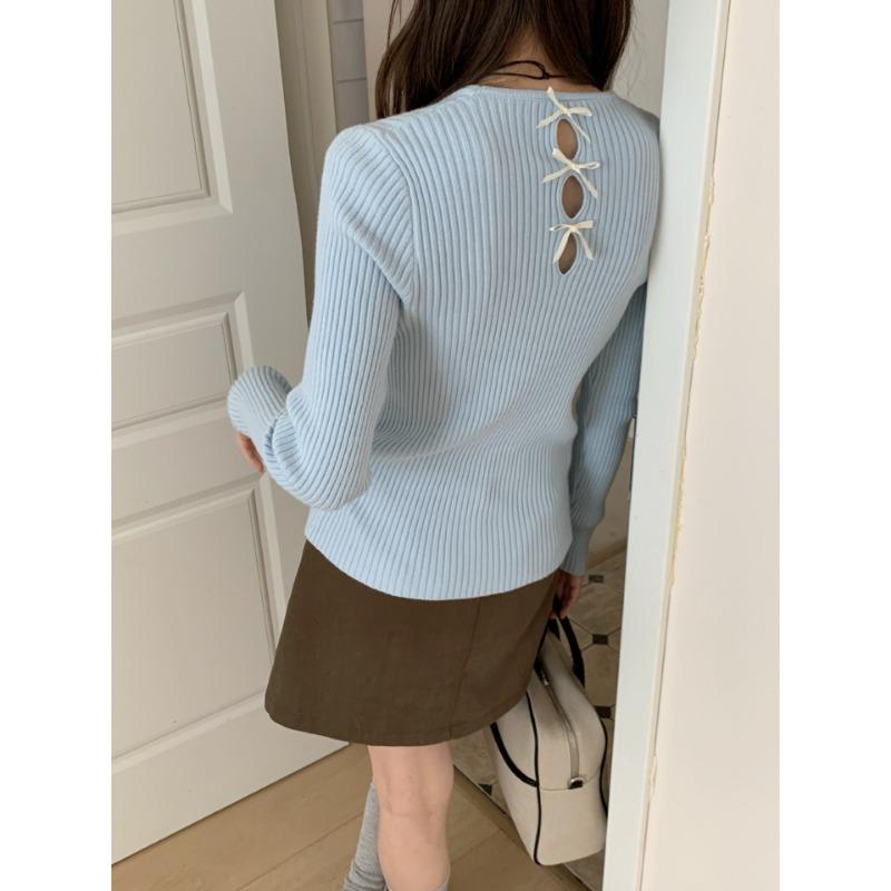 Crew neck back bow design sense knitted bottoming shirt autumn and winter new slim and thin sweater inner women