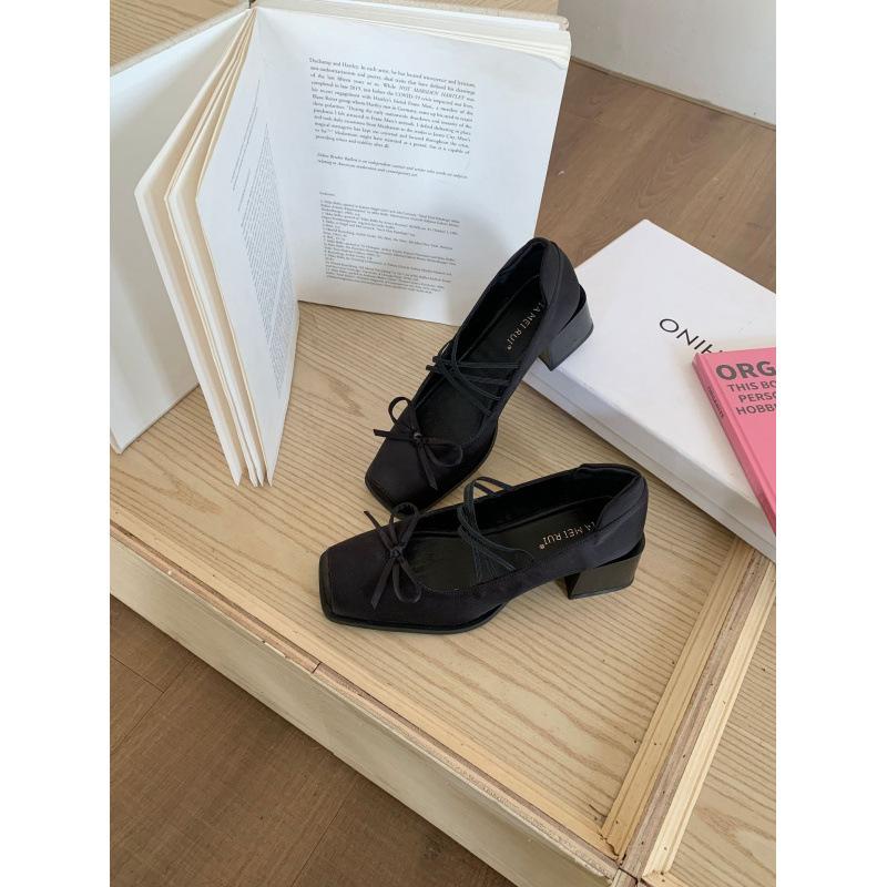 2025 early autumn retro thick heel not tired high heel ballet shoes retro bow Mary Jane shoes