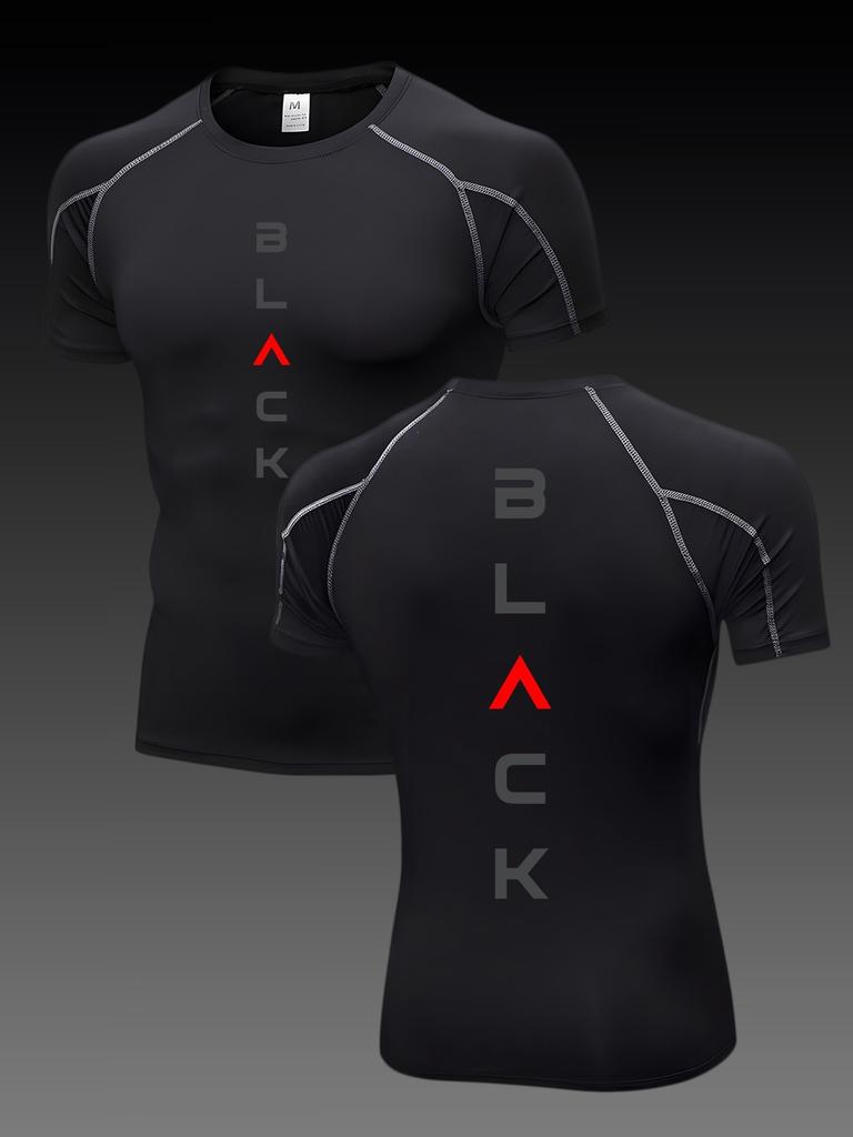 Men's Compression Shirt Quick Dry Black Gym T-Shirt "BLACK" Letter Print Workout Sportswear