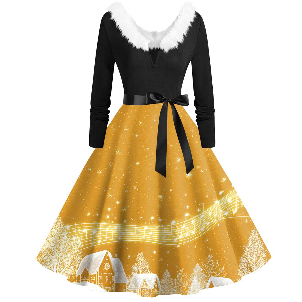 Damenmode V-Ausschnitt Lässig Schlank Weihnachten Bedruckt Langarm Haarkragen Kleider