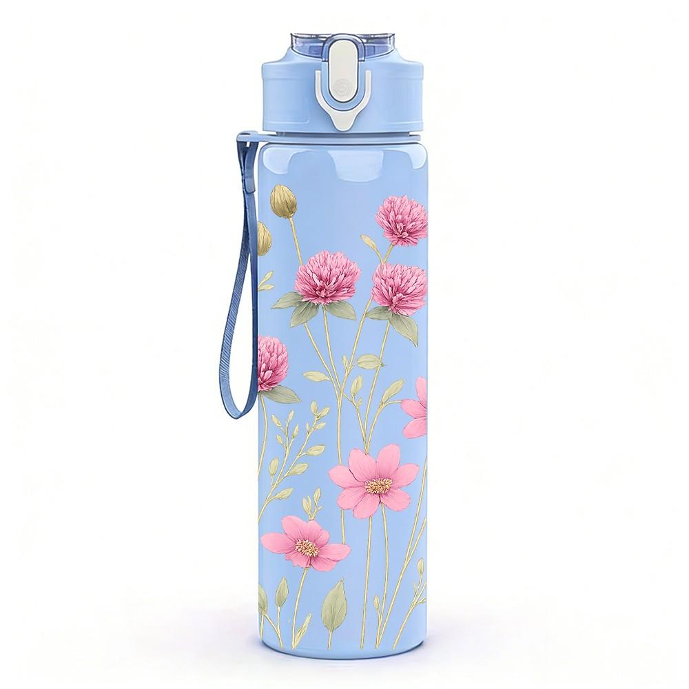 1PC Pink Small Daisy Flower Bouquet Print 750ml Color Plastic Sports Water Bottle Leakproof Flip Straw Lid Suitable for Sports Office Home Use