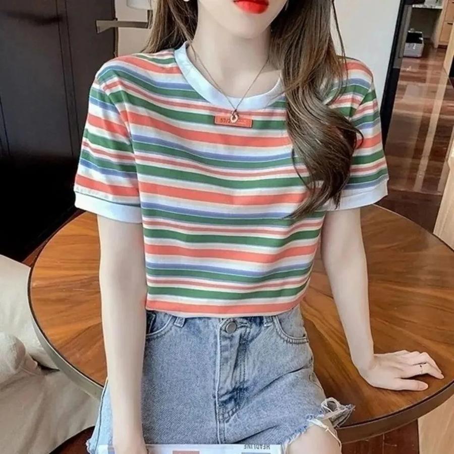Style Vintage Feeling! Rainbow Color Block Striped T-Shirt Loose Short Sleeve Top for Women Trendy