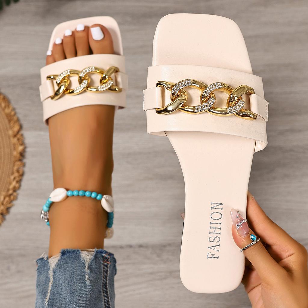 Fashion Fashion Women Slippers Square Toe Chain Slippers 2025 New Flat Beach Sandals Metal Decoration Casual Shoes Home Slides Women