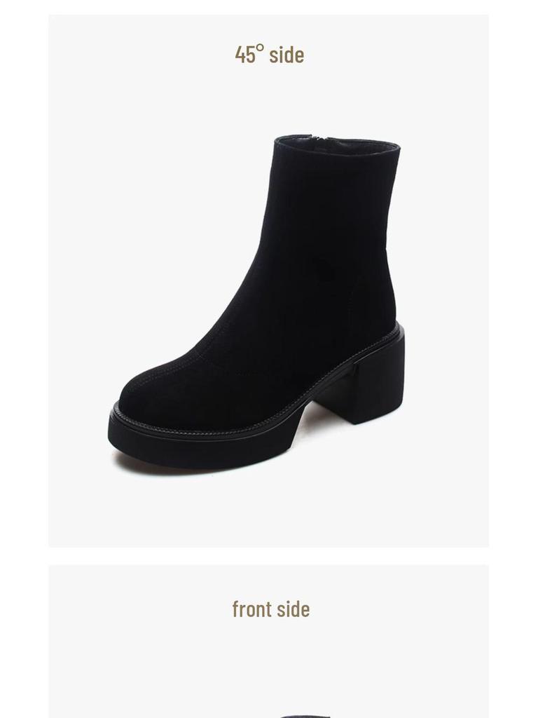Women's Chunky Heel Ankle Boots - Matte Sheepskin, Thick Sole, Round Toe, Versatile for Autumn and Winter