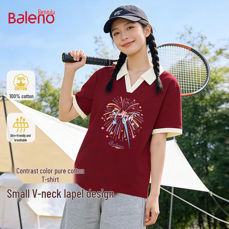 Baleno Women s Contrast Lapel Cotton T-Shirt with Fun Print S