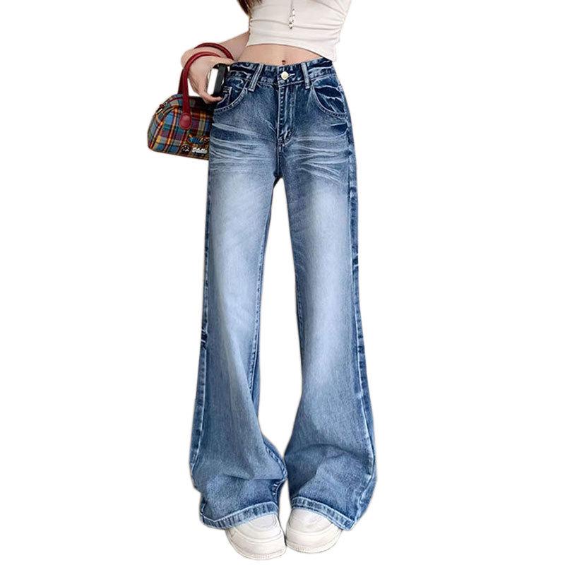 Plus Size High-Waisted Retro Creased Micro-Flare Wide-Leg Bell Bottom Jeans for Women