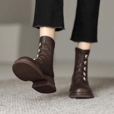Skóra bydlęca buty na jesień i zimę okrągłe Toe metalowe zapięcia grube średnie obcasy zamek Chelsea Boots damskie botki