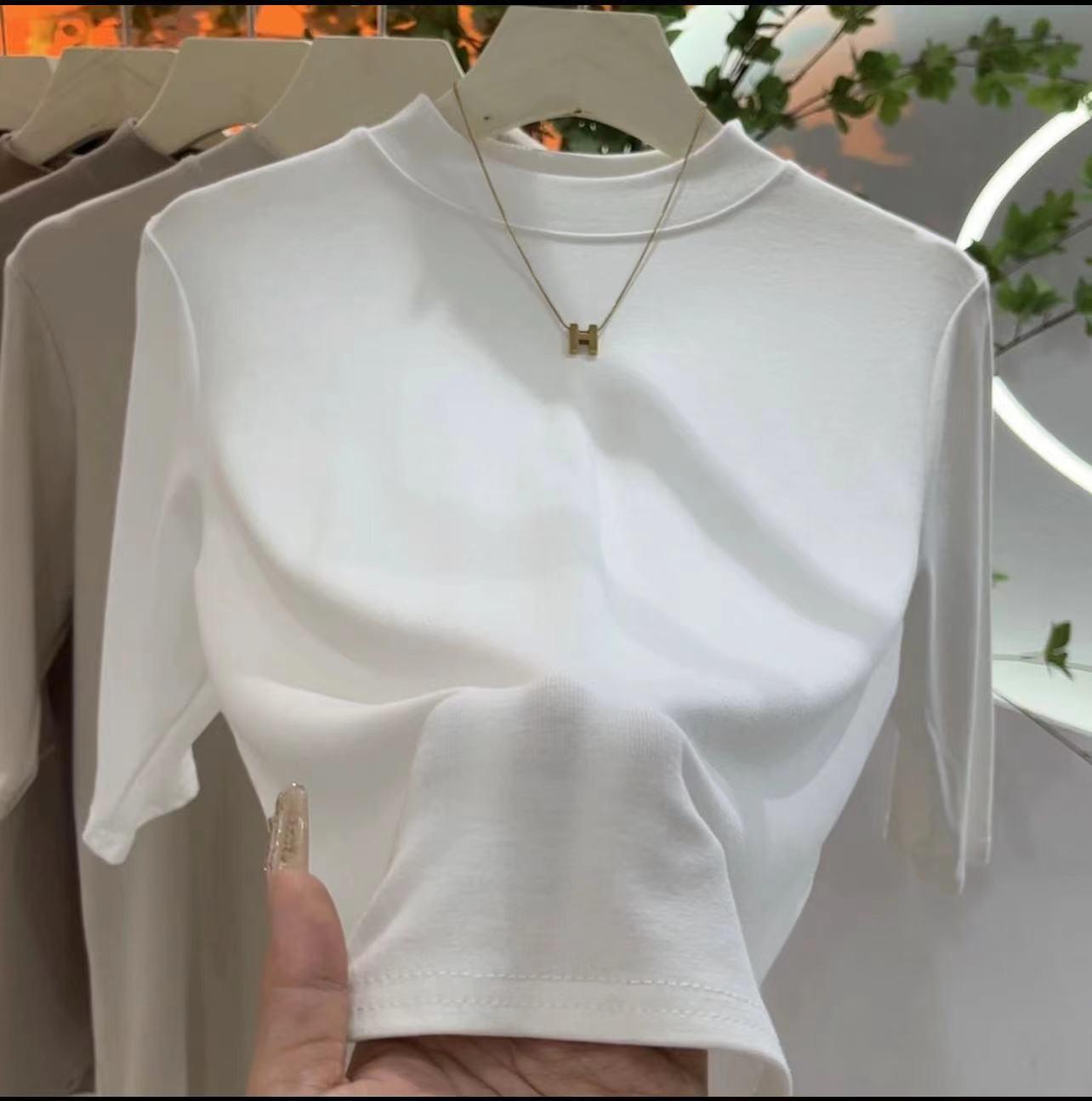 

Женская облегающая футболка со средним рукавом и полуводолазкой - весна и лето, большой размер XL (60-70 kg)