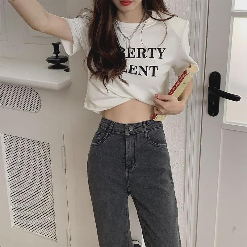 Blue-Gray High-Waist Slim Straight Jeans for Women - Autumn/Winter Elastic Raw Edge Cigarette Pants (Small Size)