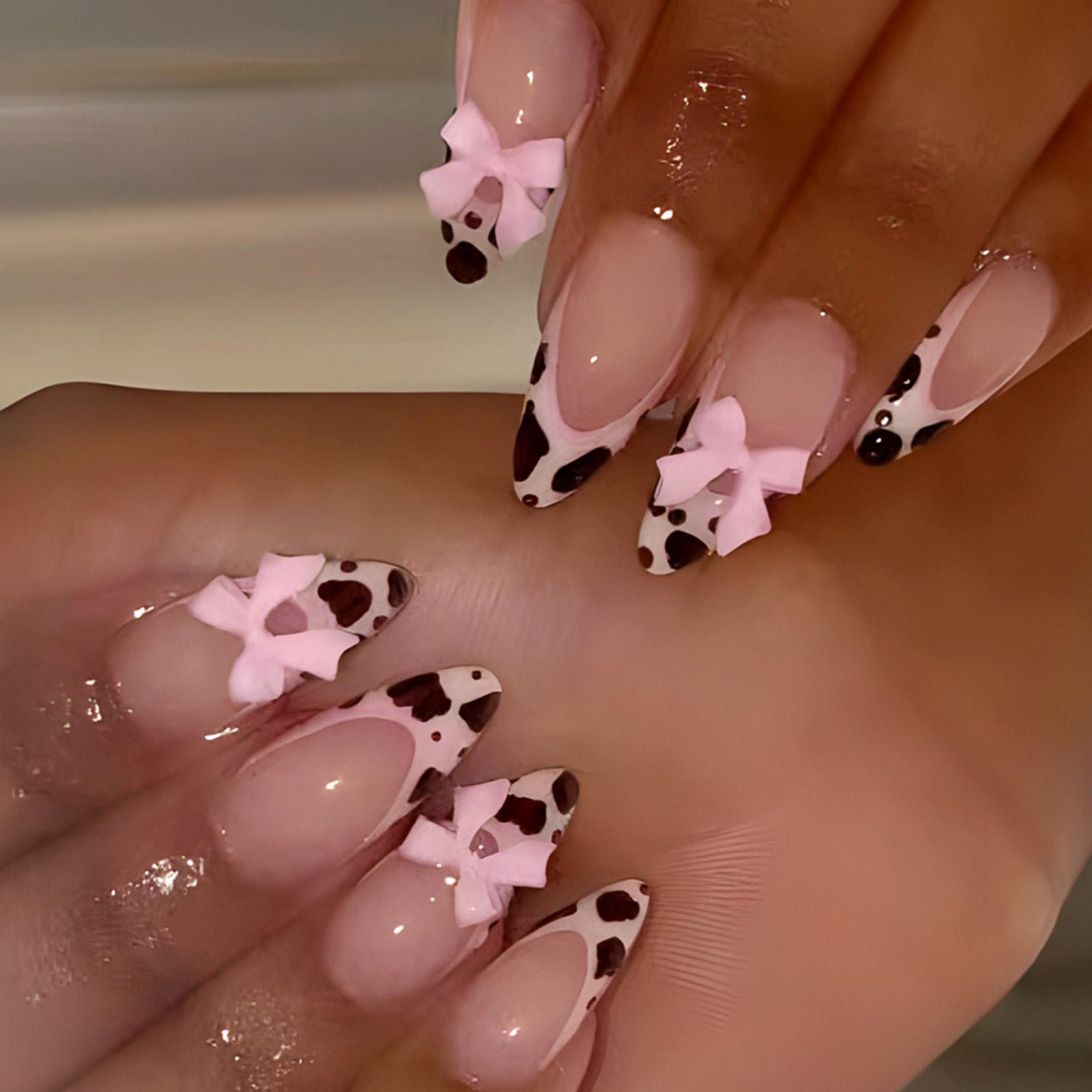 

3D бантики, полностью покрывающие ногти, накладные ногти с французским типом, накладные ногти миндалевидной формы, накладные ногти с леопардовым принтом