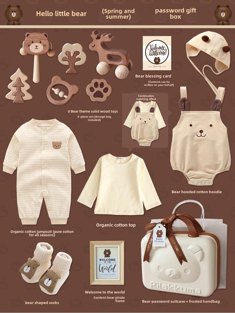 Conjunto de presente de urso de algodão orgânico com brinquedo de madeira em mala – presente unissex de primavera para o inverno