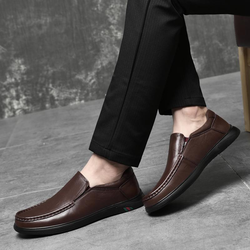 Men's Casual Leather Walking Shoes Business Non-slip Soft Bottom Work Loafers Round Head Flat Bottom Footwear Outdoor Sneakers