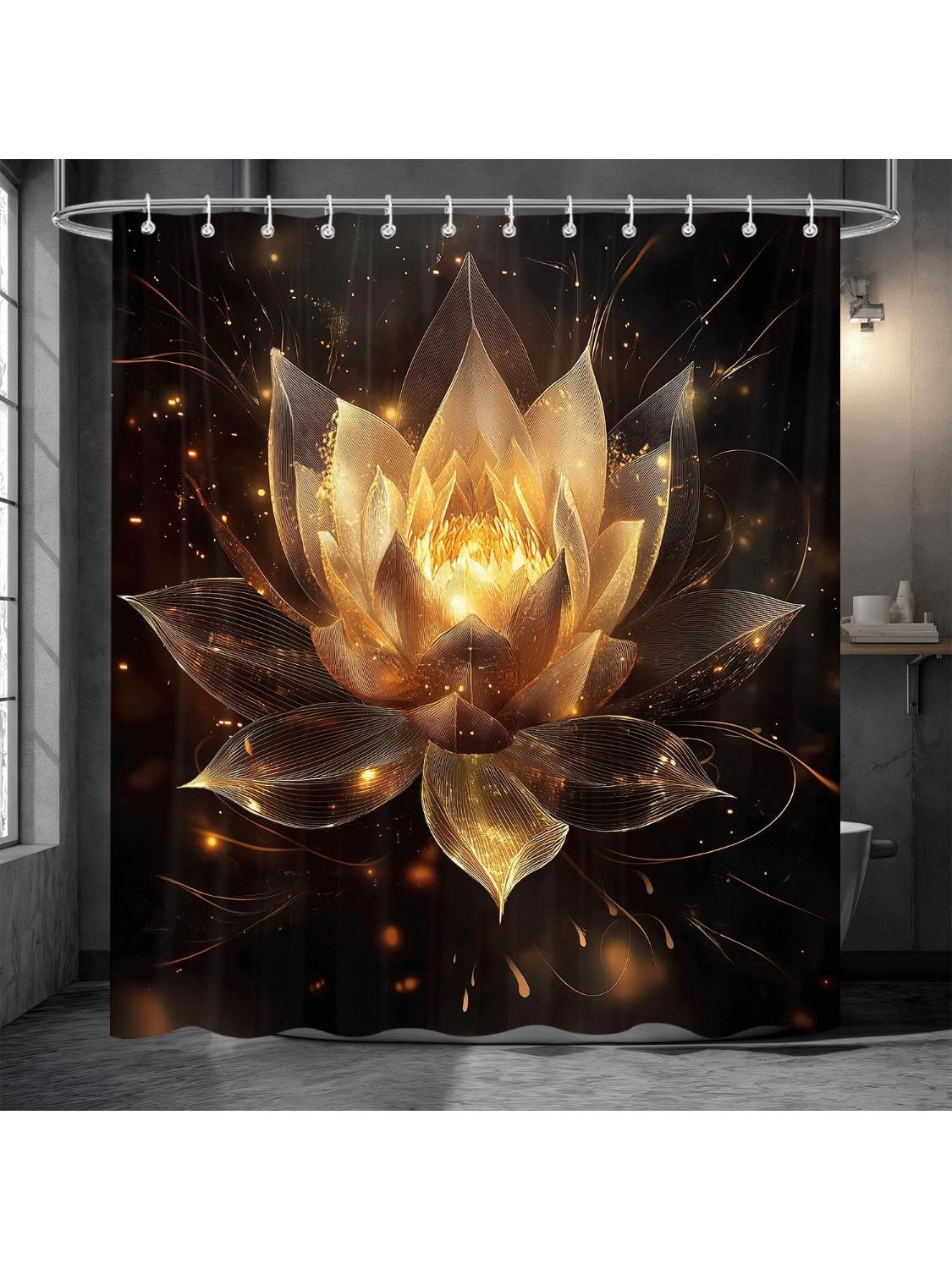 

Black And Gold Flower Shower Curtain Set, Boho Yellow Lotus Botanical Spiritual Aesthetic Floral Shower Curtains For Bathroom W60H190(CM)-1 Pcs