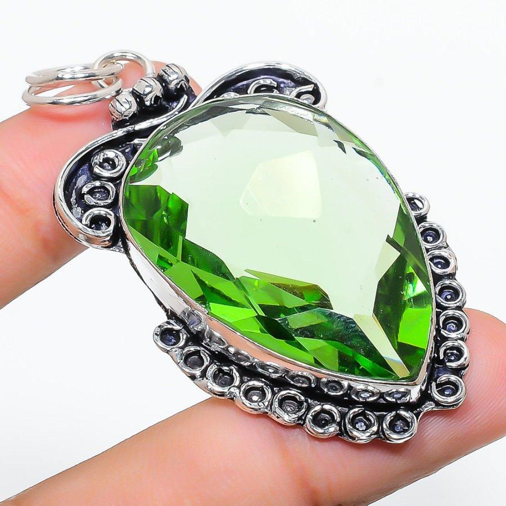 Green Amethyst Gemstone Handmade 925 Sterling Silver Jewelry Pendant 2.56" A9t17