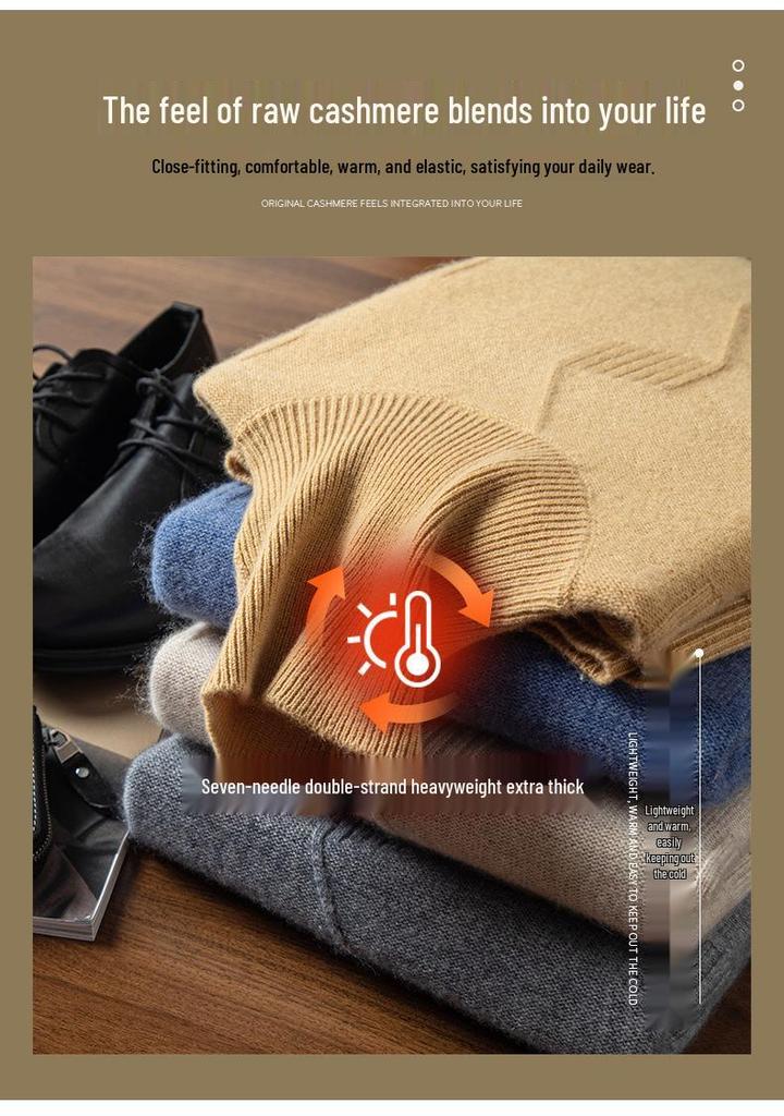 Suéter Masculino de Cashmere de Gola Alta com Fio Duplo - Grosso, Manga Longa, Tamanho Grande, Tricô de Cor Pura