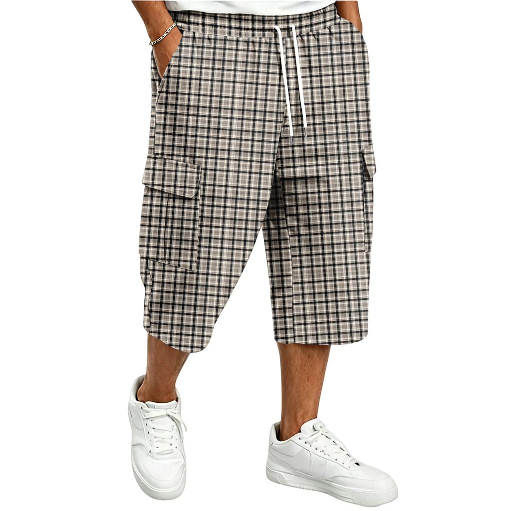 Men's Casual Drawstring Cargo Shorts with Plaid Print for Summer Outdoor Activities