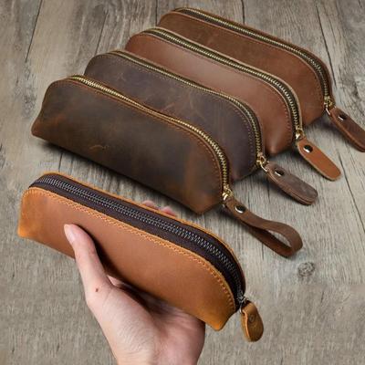 Astuccio portapenne in pelle vintage, semplice portapenne, astuccio portapenne con cerniera, astuccio per occhiali, materiale scolastico