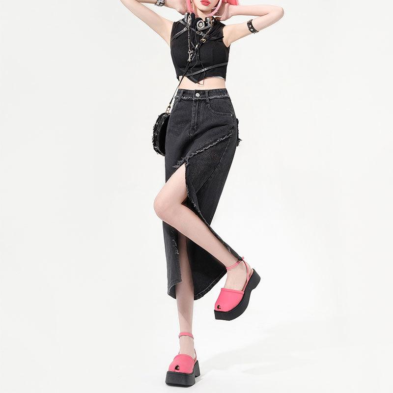 Irregular Package Hip A-line Skirt Design Sense Denim Skirt Burlap High-waisted Mid-length Open Half-body Skirt Female Fashion Denim Bustier Skirt