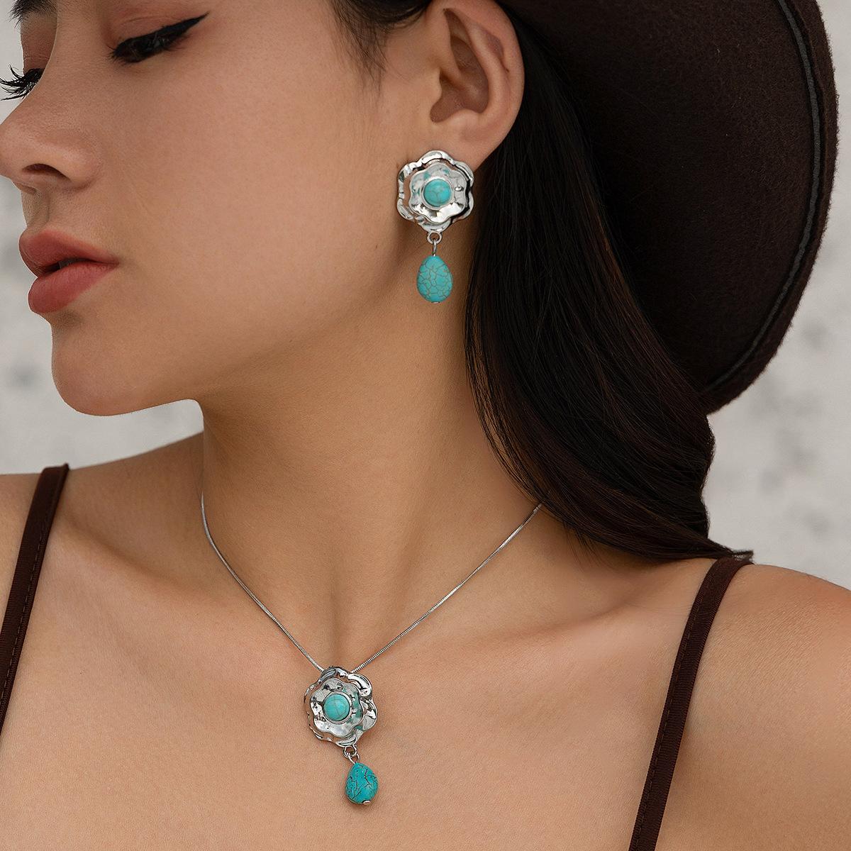 Аксессуары Джинсовый Этнический Бирюзовый Цветок Кулон Ожерелье Винтажное Металлическое Капля Ожерелье