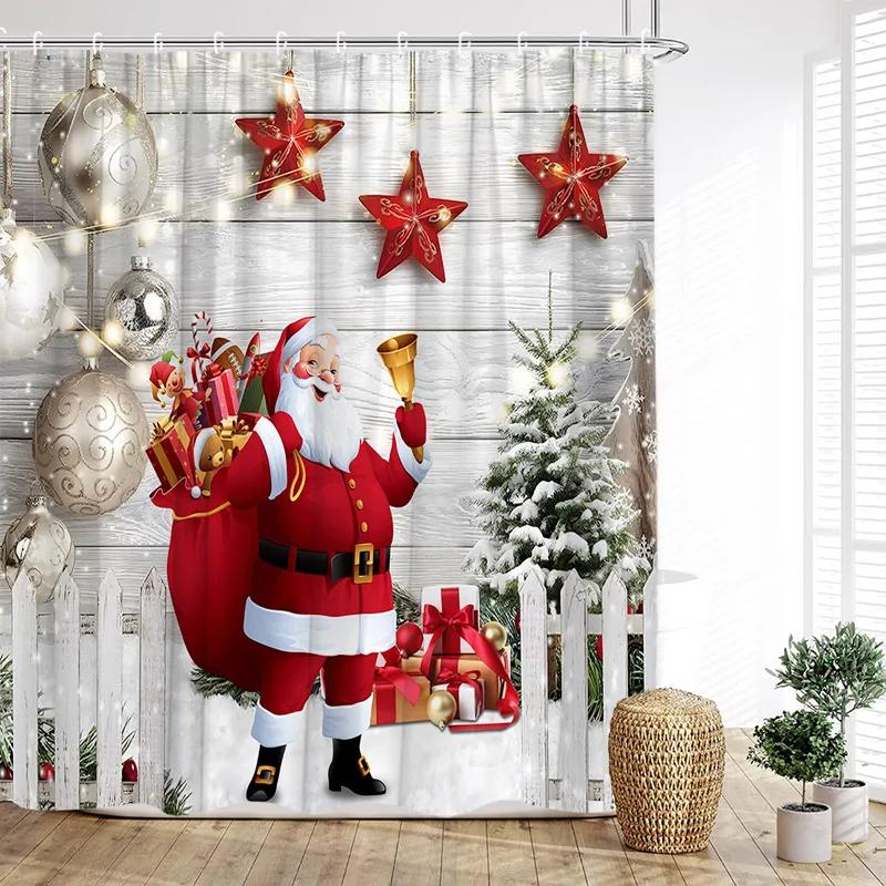 

Merry Christmas Red Shower Curtain Santa Claus Snowman Reindeer Xmas Happy New Year Home Bathroom Bathtub Decor W60H190(CM)-1 Pcs