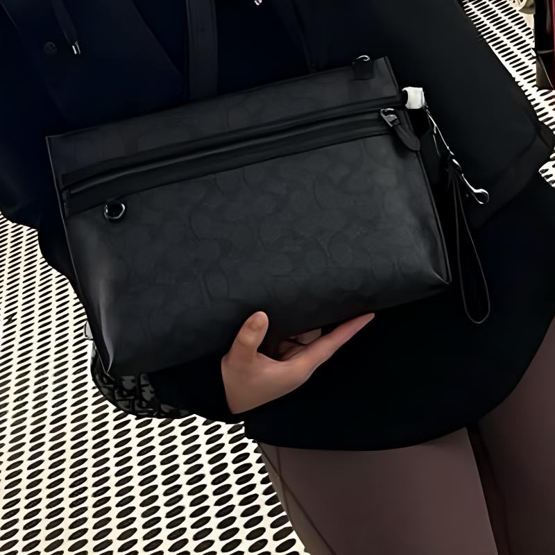 Coach Pouch 29 Detachable Wrist Strap Zipper Closure Coated Canvas Clutch Large Unisex Clutch Black CY985-QBMI5