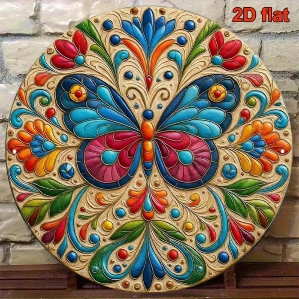 Metal Wall Art Butterfly Flower Painting, Round 8x8 Inch Tin Sign for Living Room Decor