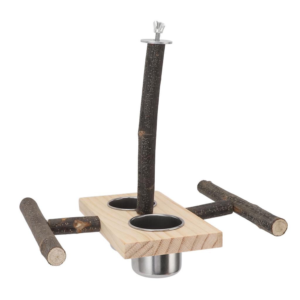 Wooden Perch Stand Hanging Bowls Bird Food Stainless Steel Cups Wood Perch Stand Hanging Feeder