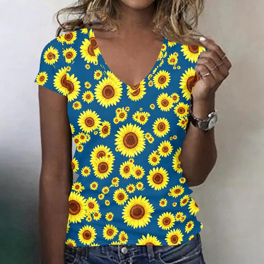 Women Casual V Neck Short Sleeve Floral Print T Shirt Lightweight Soft Fabric Summer Top for Everyday Wear