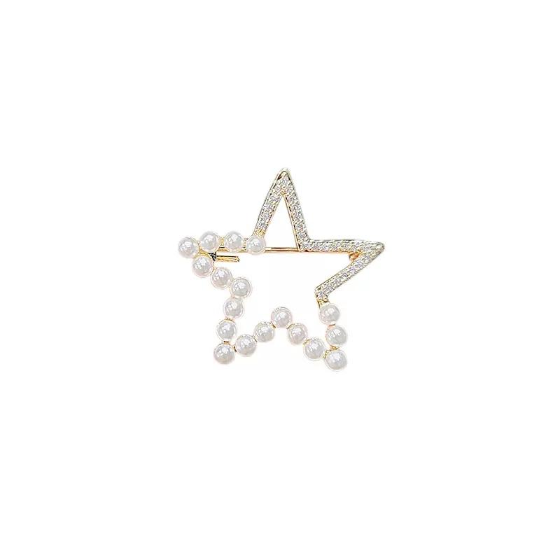 Simple Hollowed-out Five-pointed Star Brooch, Trendy Pearl Pin, Collar Pin, Anti-glare Clasp