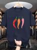 Unisex Navy Blue Crew Neck Tee Three Colorful Red Orange Pink Chili Pepper Simple Cartoon Vegetable Minimal Casual Cotton Tops
